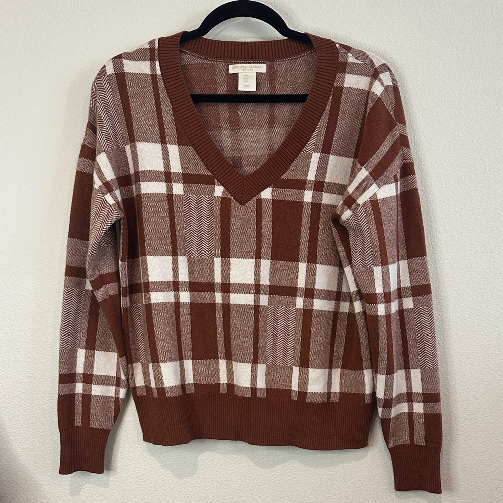 Christian Siriano Brown and White Plaid V-Neck Sweater